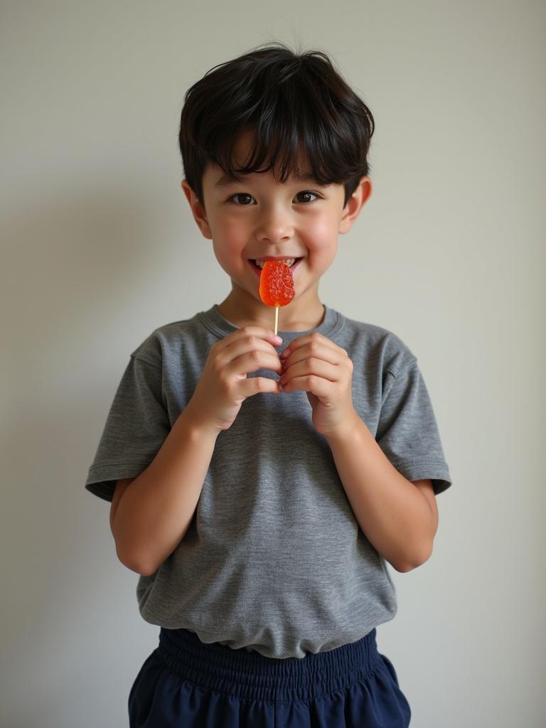 Boy about 5 years old enjoys eating gummies. Boy has black hair wearing gray t-shirt and navy pants. The focus is on the boy's hands holding the gummies. Soft lighting enhances the playful theme. Simple neutral background highlights the child. Invites feelings of childhood innocence and joy.