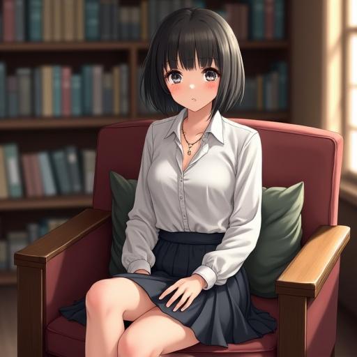 A shy young woman with a good figure sits in a library chair. She has short black hair and double eyelids. She wears a white blouse and a black skirt. She accessorizes with a necklace and loafers. The library has many books in the background.