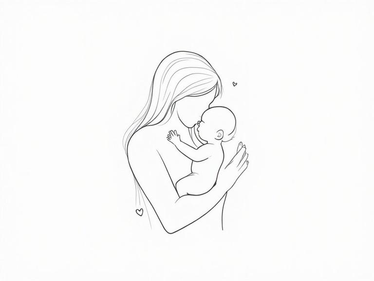 Simple line drawing of a mother holding her baby in a tender embrace. The artwork focuses on conveyance of maternal love with gentle curves and delicate strokes. Emphasis on abstract human forms and use of negative space with small heart shapes.