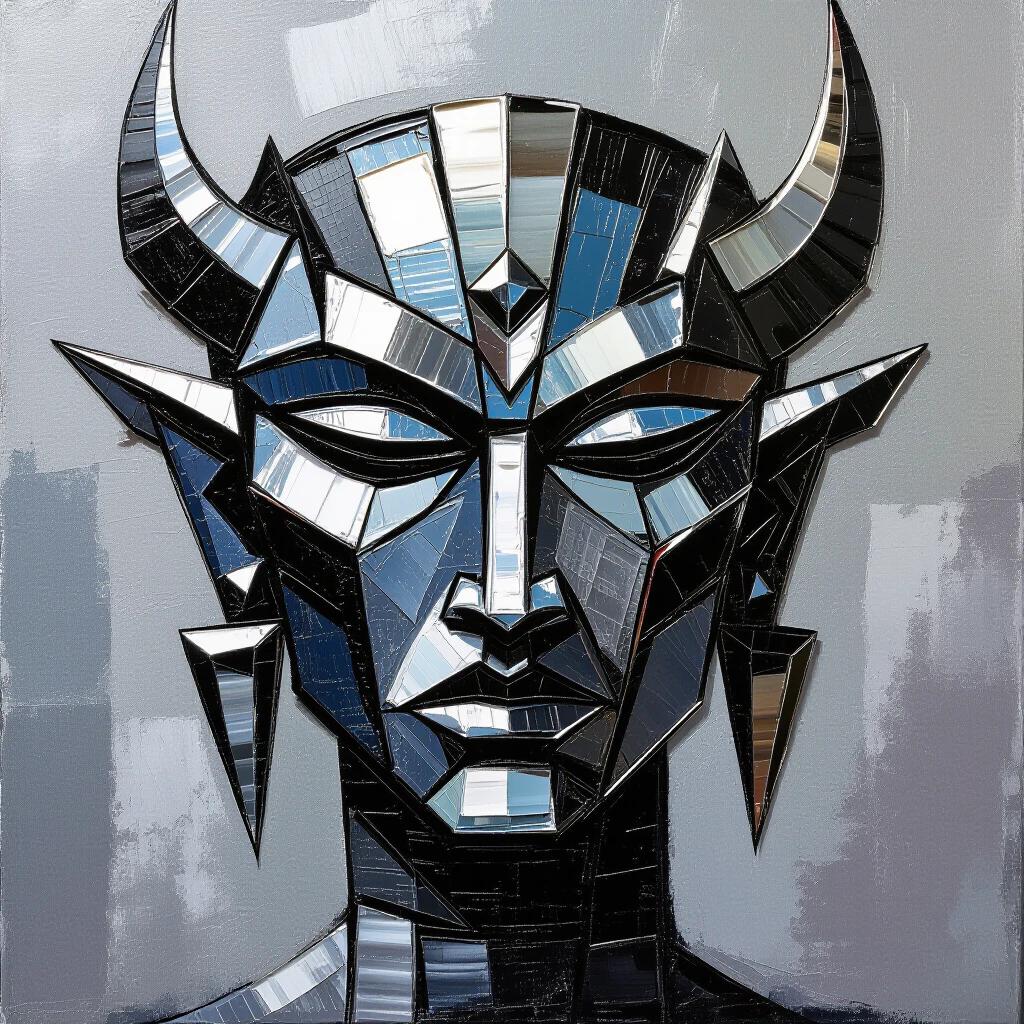 Heavy impasto oil painting featuring a sharp metallic neo-tribal form. The artwork showcases sculptural and textured brushstrokes created with a palette knife. The color scheme incorporates liquid chrome and black tones.