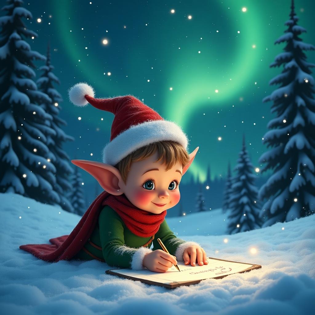 Elf character writes in the snow creating name Alfie. Wintry landscape features evergreen trees under vibrant northern lights. Snowflakes gently fall around the character.