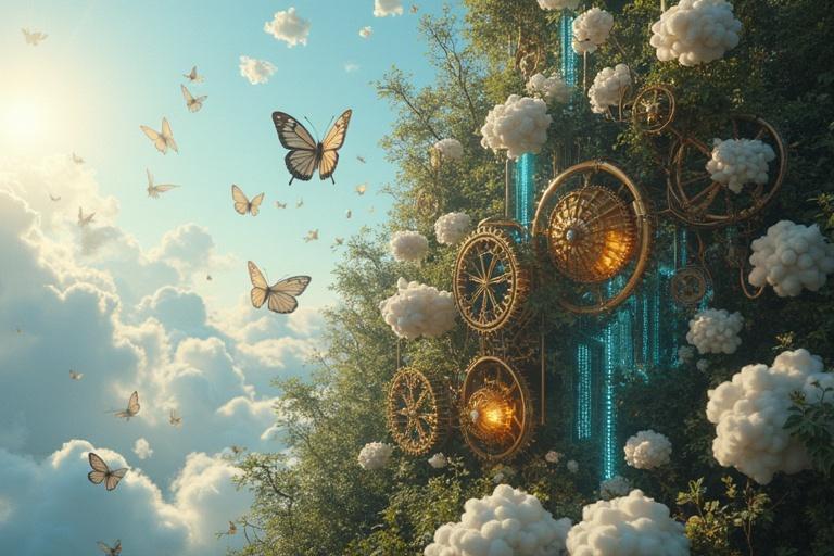 Magical vertical garden merges nature with machinery. Crystalline gears float among clouds. Mechanical flowers emit soft golden light. Copper brass structures spiral upward. Ethereal butterflies with clockwork wings drift in blue energy streams. Fusion of industrial precision and organic beauty creates steampunk paradise.