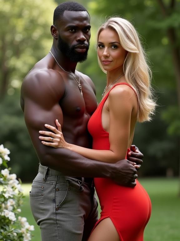 Couple posing closely in a garden. Woman in a daring red dress. Strong man holding her. Natural setting with greenery.