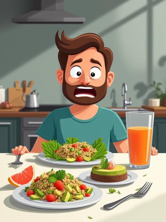 A cartoon of a man looking at colorful dishes on the table. The table has a quinoa salad a glass of grapefruit juice and a chocolate mousse. Soft lighting in a gourmet kitchen. No faces visible.