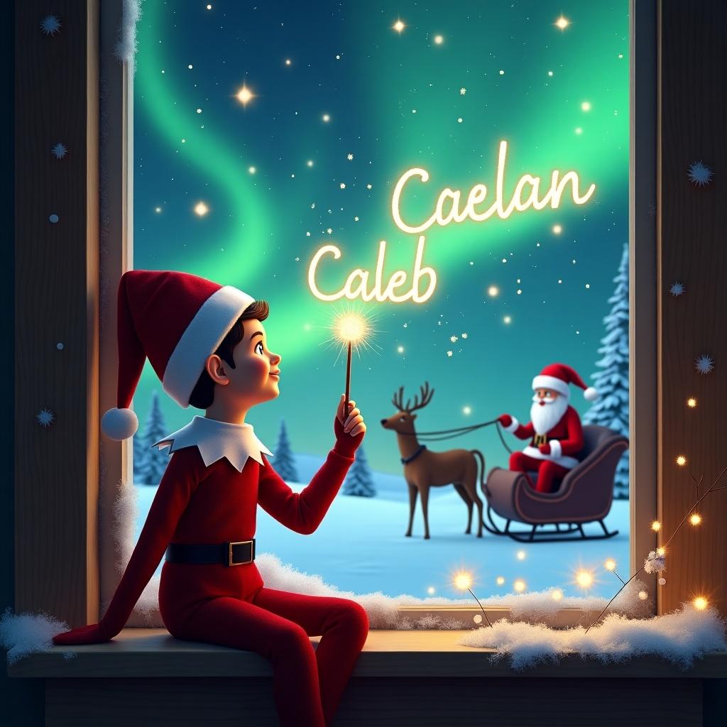 The image features a festive scene with an elf sitting on a window ledge. The elf is dressed in a classic red outfit, staring in awe at the colorful northern lights. Behind him, a winter landscape is illuminated with sparkling stars. Santa Claus is seen riding in his sleigh, enhancing the holiday spirit. The elf uses a wand to write 'Caleb & Caelan' in shimmering letters, adding a personal touch to the magical ambiance. Overall, the scene captures the essence of holiday enchantment.