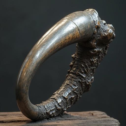 A close-up view of a metallic tusk with intricate details and textures. The tusk has a dark, weathered surface, resembling ancient artifacts. The image captures the tusk on a rustic wooden surface under soft lighting.
