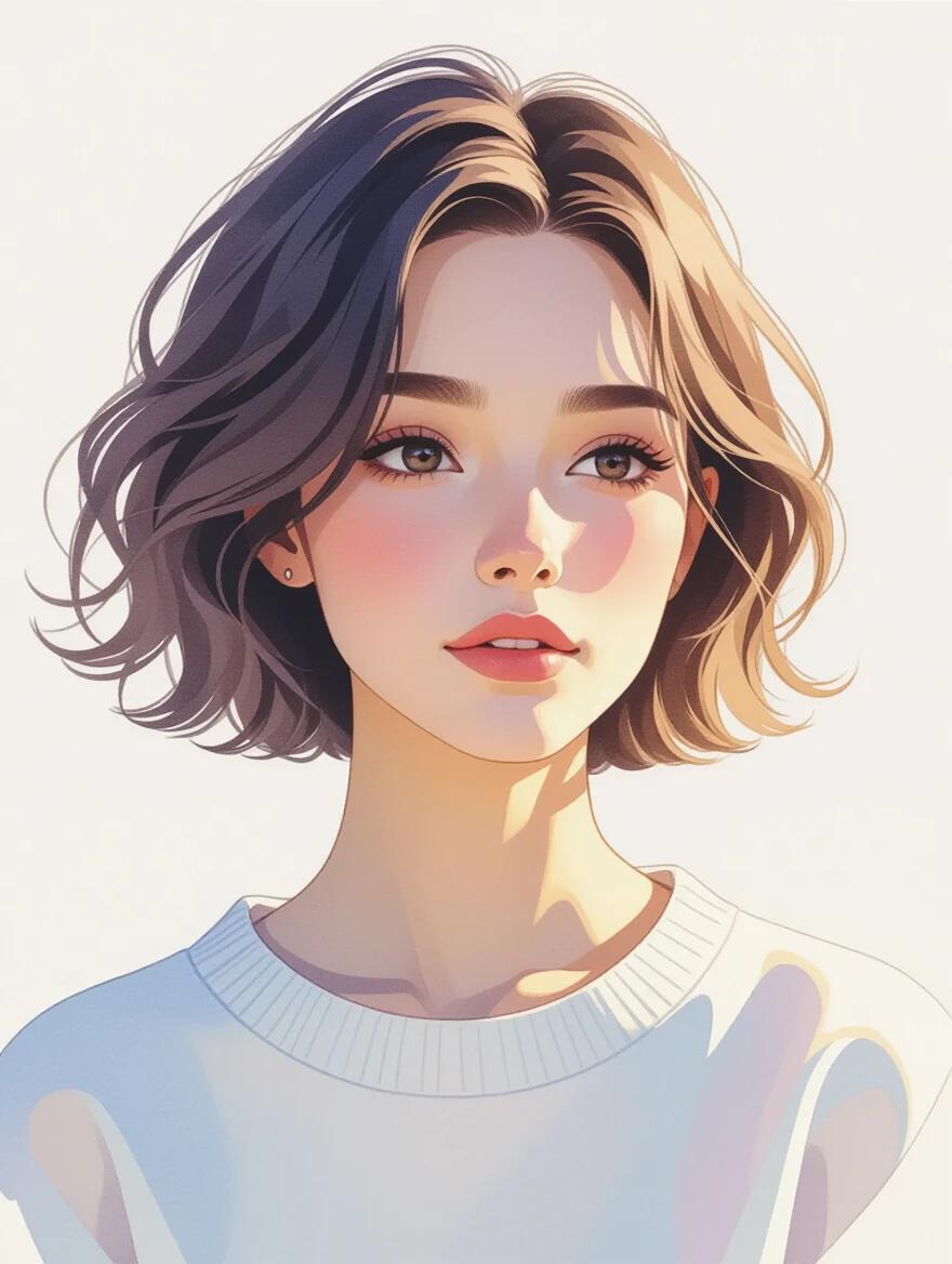 Watercolor-style digital illustration of a person with short wavy hair. Composition includes medium close-up shot focusing on upper torso and head. Subject gazes slightly to the right. Soft pastel colors used mainly whites blues and purples. Light is diffused evenly. Background is white highlighting the subject. Rule of thirds applied with subject positioned off-center. High aesthetic quality due to color palette and smooth textures. Shallow depth of field keeps background out of focus and enhances subject prominence. Vertical orientation with aspect ratio of approximately 3:4.