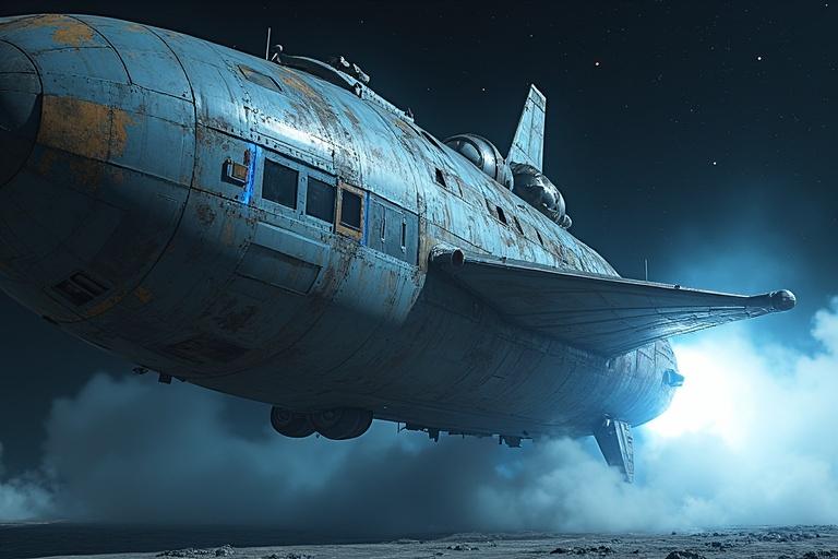 Ultra-realistic cinematic shot of a massive aged spacecraft before liftoff. Vibrating with power, engine thrusters at full ignition. Exterior worn with burn marks and dust. Blue light strips flickering. Background shows stars or a launch platform blurred from heat waves. Camera angled to capture stretching hull and massive thrusters firing.