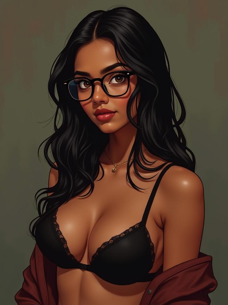 Indian girl with dark dusky skin wearing sexy black lingerie. Chubby figure. Glasses on her face. Background in muted colors.