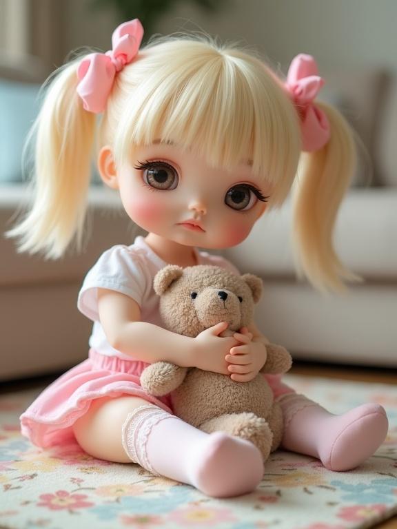 A doll-like girl with long blonde twin tails sits on a pastel rug. She wears a white cropped top and short pink skirt. Her thigh-high lace-trimmed stockings complete her look. She hugs a plush teddy bear and glances shyly toward the viewer.