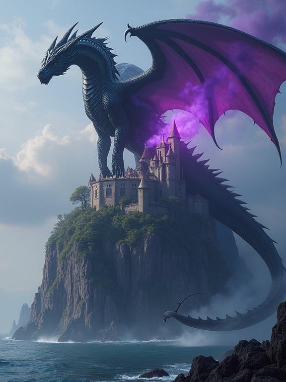 A massive black dragon with glistening obsidian scales towers over a castle town perched atop an elevated cliff face of a lonely island in the water. The dragon breathes a gout of purple and black fire down into the water.