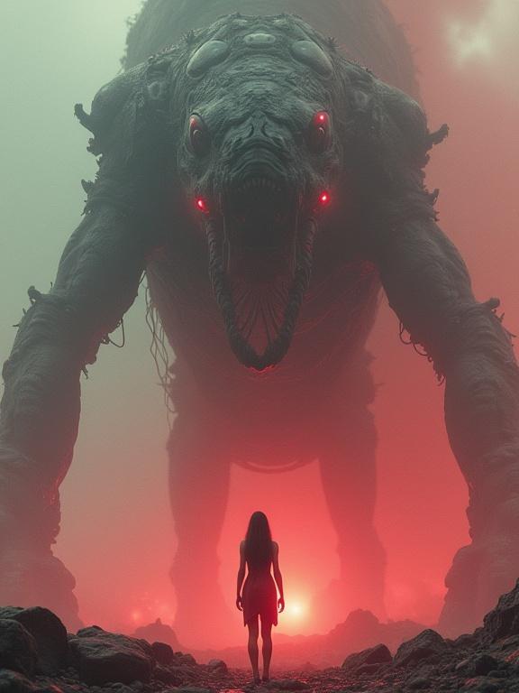 Highly detailed and realistic artwork features a pretty female character in front of a massive leviathan. The scene has an ethereal cybernetic fantasy style. The viewpoint is from below, ensuring the leviathan's grandeur. The color palette is dark with unusual vibrant pops of ruby red. Volumetric lighting creates an atmospheric haze. The overall feel resembles a faded, washed-out polaroid photo with glitch effects.