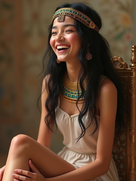 Generate a realistic beautiful Egyptian girl. She has mildly thick eye brows and hazy hair. She is laughing while sitting on a chair with legs crossed. She wears a beautiful ensemble and accessories.