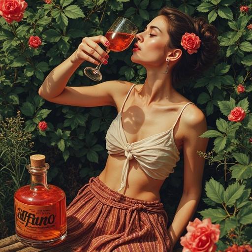 Stylized advertisement featuring a woman toasting in a garden. She has pale skin with a braided bun, wearing a boho-style outfit. She holds a cocktail glass filled with reddish liqueur. Surrounding her are wildflowers and greenery. A prominent liqueur bottle labeled 'ALFRUNO' is in the foreground.