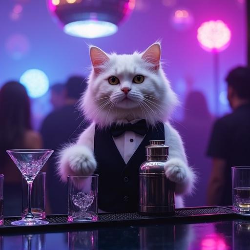 A fluffy white cat acts as a bartender in a nightclub. The cat stands behind a neon-lit bar counter with a cocktail shaker. It grips the shaker with its paws. Empty glasses are in front. The cat wears a black vest and bowtie. Dim club lighting creates a moody atmosphere. Blurred silhouettes of patrons dance nearby. The bar reflects ambient light. The scene has hyperrealistic details and a subtle haze.