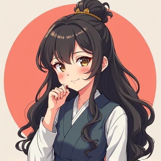 A young Japanese woman with white skin and soft facial features. She has large black eyes, a small nose, and full lips. Long, straight dark brown hair frames her face with bangs, and her cheeks have a slight blush.