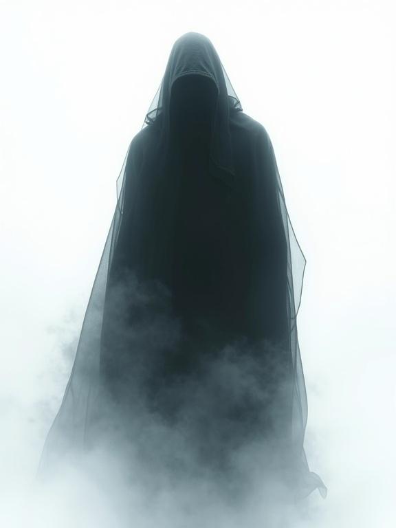 Full body view of a male tiefling ghost with moody cinematic lighting. The ghost appears as a vapor-like silhouette against a white background. Minimal surface definition creates a haunting effect.