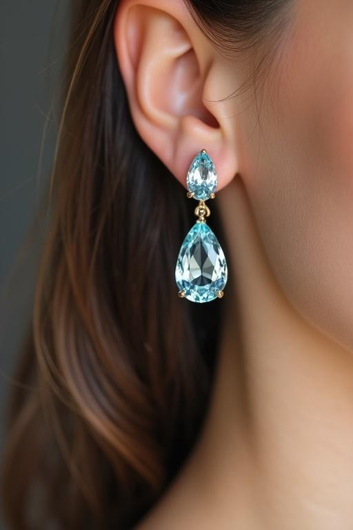 Aquamarine earrings in small pear shape worn by a model. Close-up shot highlighting the earrings on the ear.