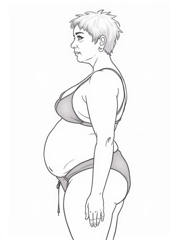 Vector image shows a mature woman with short hair. She wears a bikini and sarong. Outline illustration highlights her curvy body and wide hips. Image is presented in high definition representation with a side view angle.