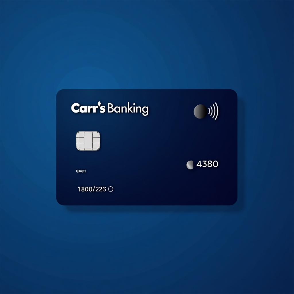 Image shows modern credit card with dark blue background. Bank name is 'Carr's Banking'. Card features chip, card number, expiration date in white. Includes wireless payment symbol for contactless payments. Design is sleek and professional.