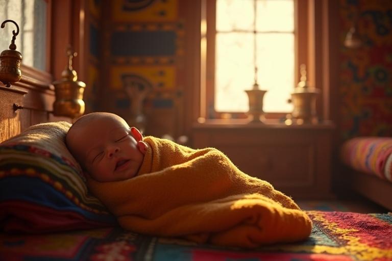 Close-up ultra-HD scene inside a cozy Tibetan home featuring wooden beams and colorful tapestries. Newborn Milarepa wrapped in traditional Tibetan blankets sleeps peacefully. Warm sunlight flows through the window illuminating the mother’s loving face. The room has prayer wheels and butter lamps casting a golden hue. Hyper-realistic textures of blankets and furniture with bright warm colors create an intimate moment.