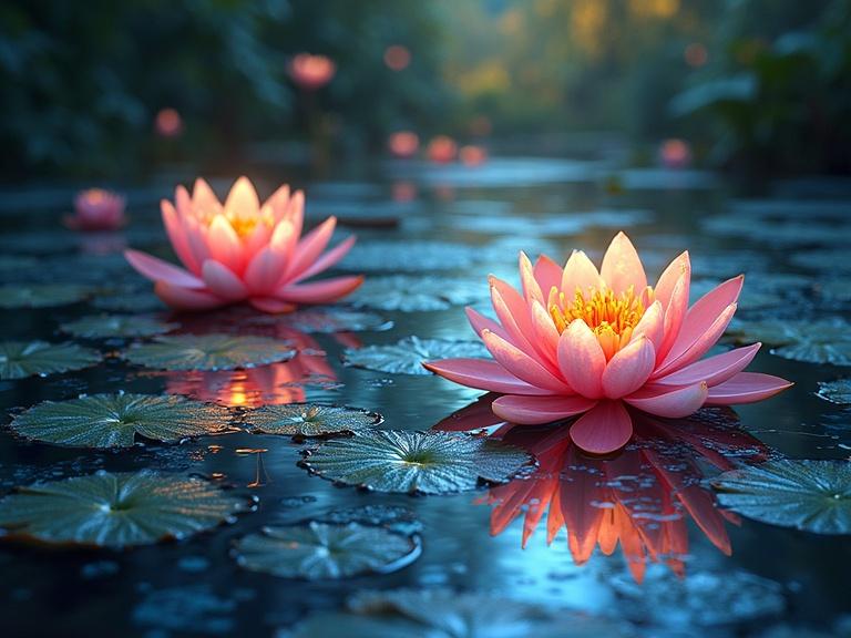 A luminous lily pond features glowing water lilies and pads. Light shines through creating intricate patterns. The atmosphere is tranquil, serene, and dreamlike with ethereal qualities.