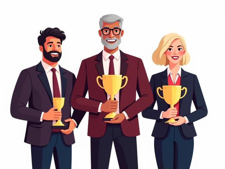 Illustration of three adults standing side by side. They are in business attire, posing confidently to celebrate an achievement. The first person is a short overweight man with wavy hair holding a small trophy. The second person is an older slim man with glasses holding a large trophy. The third person is a young woman with short blonde hair holding a medium-sized trophy. They are smiling and appear unified as a team. The color palette is rich with maroons and navy blues for attire. The background is transparent.