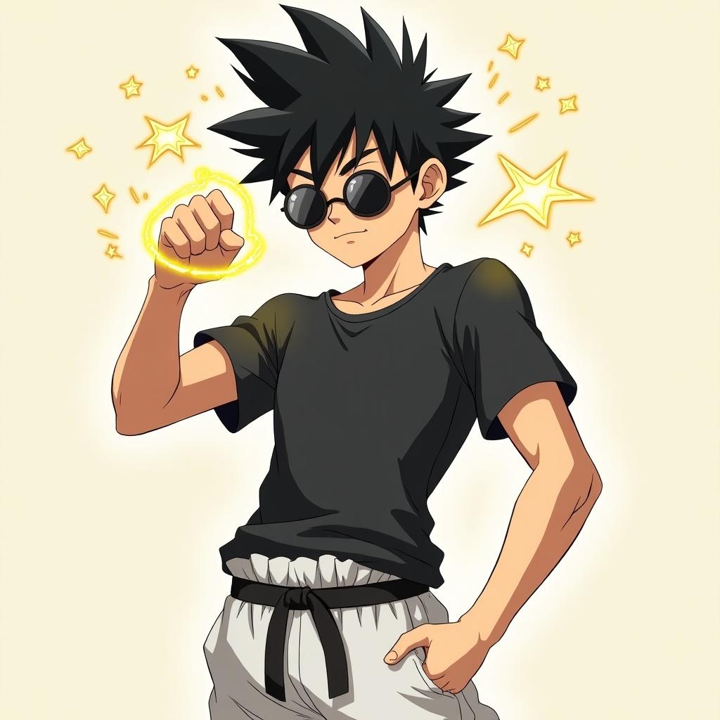 Anime teenager character with black spiky hair and a tight black shirt. Wearing white baggy training pants with a black belt. Performing a punching pose with energy around the fist. Depicted with flat lens round retro sunglasses.