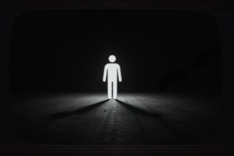 Analog horror warning screen with a distorted person icon against a black background. The atmosphere feels unsettling with high-resolution details. The design is minimalist and resembles a creepy public service announcement. It incorporates glitch effects and a retro CRT monitor appearance, creating a surreal experience.