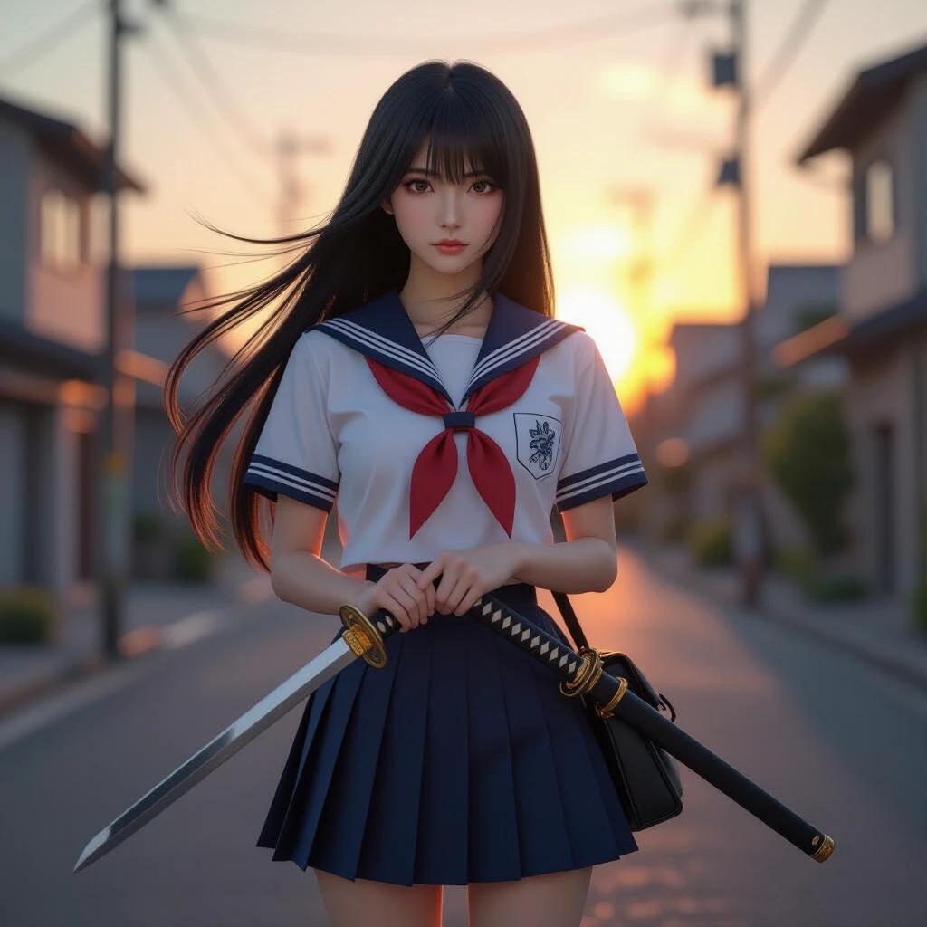 A Japanese high school girl in a sailor uniform holding a katana stands in an urban environment at sunset. She has long black hair flowing in the wind, natural makeup, and a sharp gaze. The scene is detailed with a schoolbag on her back and cinematic lighting enhancing the atmosphere.