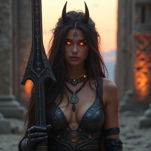 A beautiful female warrior stands in front of a gothic temple at dusk. Long dark hair with crimson streaks. Glowing red eyes and small black horns on her forehead. Wearing revealing dark metal and leather armor. Armor decorated with emblems and scars. Holding a heavy black-bladed sword with glowing engravings. Calm expression with a slight smile. Dark fantasy atmosphere with ash in the air and glowing runes. Highly detailed full body illustration in fantasy style.