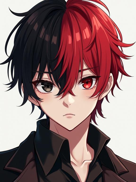 20 year old European man with two-tone hair. One side is red; the other dark brown. Hairstyle includes bangs on one side and shaved sides. Character has black eye shadow, one eye is all black, and the other is red. Image style reflects anime aesthetics with a focus on full body and front view.