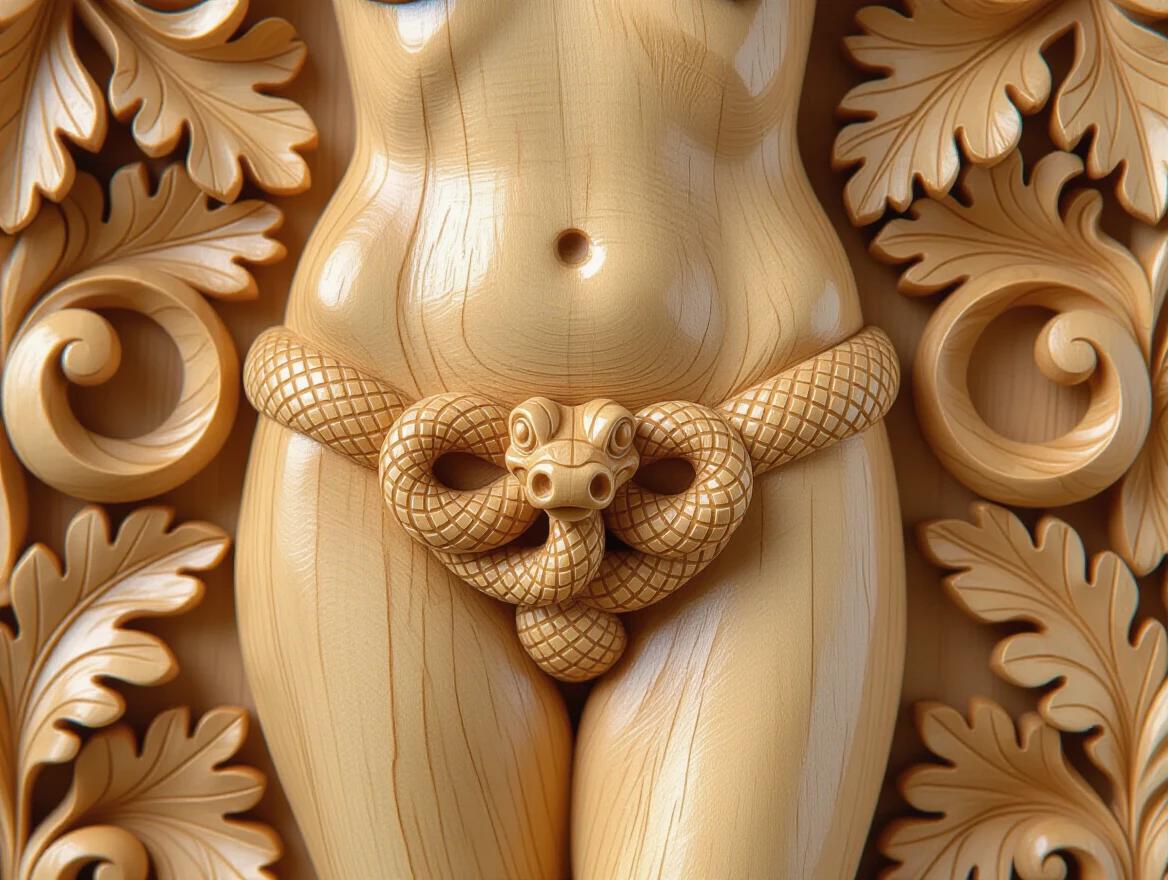 Closeup of a wooden relief featuring a nude woman's hips. Hydras crafted into the pubic area with A natural wood texture. High detail in the craftsmanship and carving style.