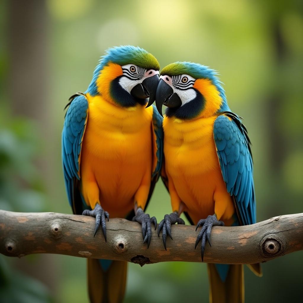 A pair of cute parrots cuddling on a tree branch. Their vibrant blue and yellow feathers create a striking appearance. The background displays a soft green blur, enhancing the focus on the parrots.