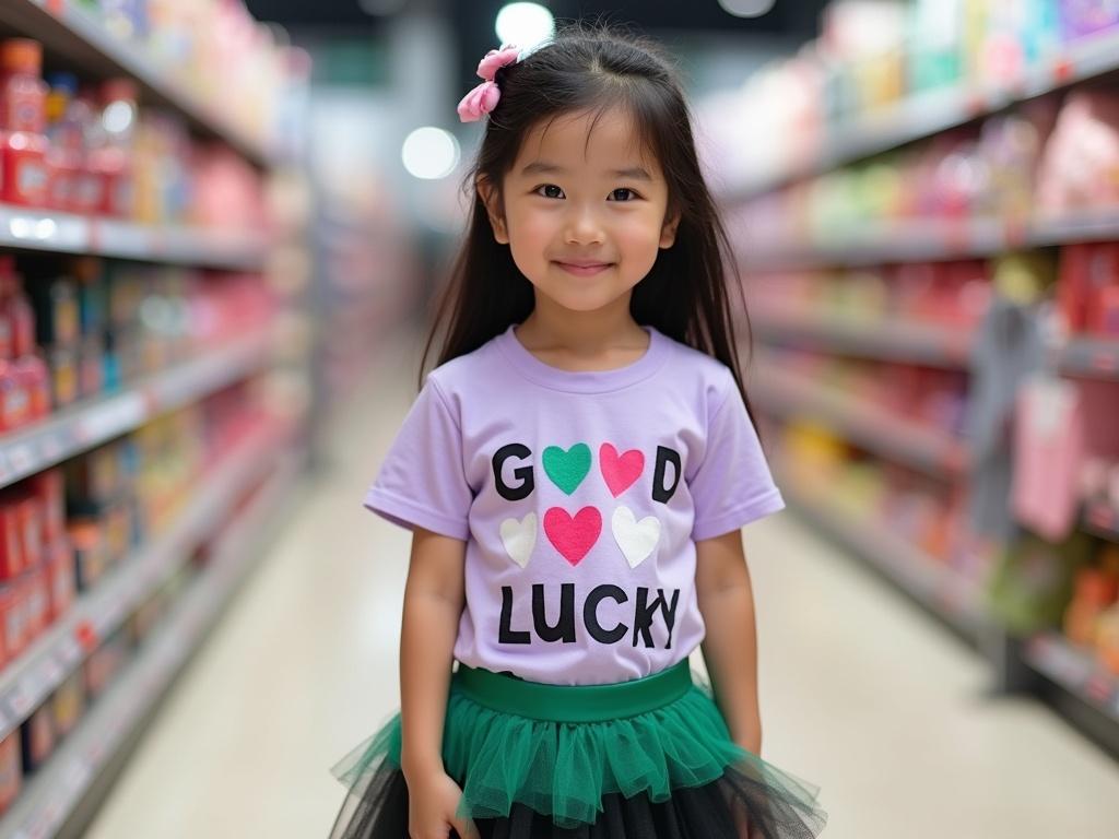 Create an image of a 6-year-old Thai girl wearing a light purple t-shirt with the words "GOOD LUCK" and three colorful hearts (pink, green, and white) printed on it, paired with a layered tutu skirt featuring shades of green and black. She should have fair skin and a cute face. The image should be a full-body shot of a real person, set in a department store with a blurred background, using natural light.