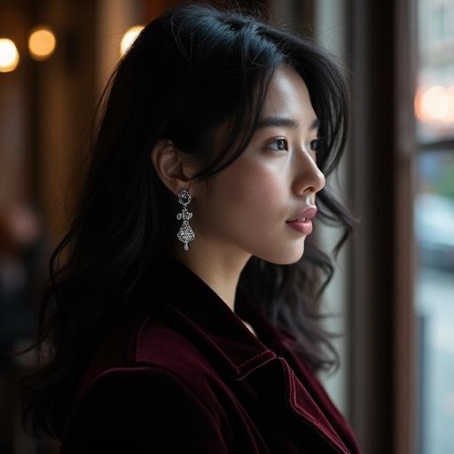 Earrings made of etched silver. Model with raven hair wears a velvet trench coat. Soft warm light from a café window highlights the scene.