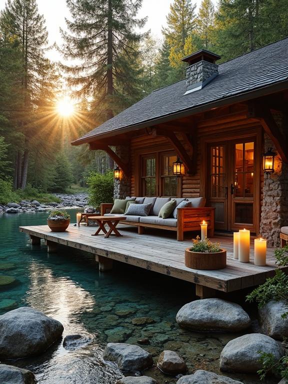 Image depicts a cozy forest cabin beside a crystal clear stream. The cabin is made of logs and stone with a rustic style. An outdoor lounge area features wooden seating and soft cushions. The natural environment includes tall evergreen trees and shimmering water. Warm sunlight creates a tranquil mood.