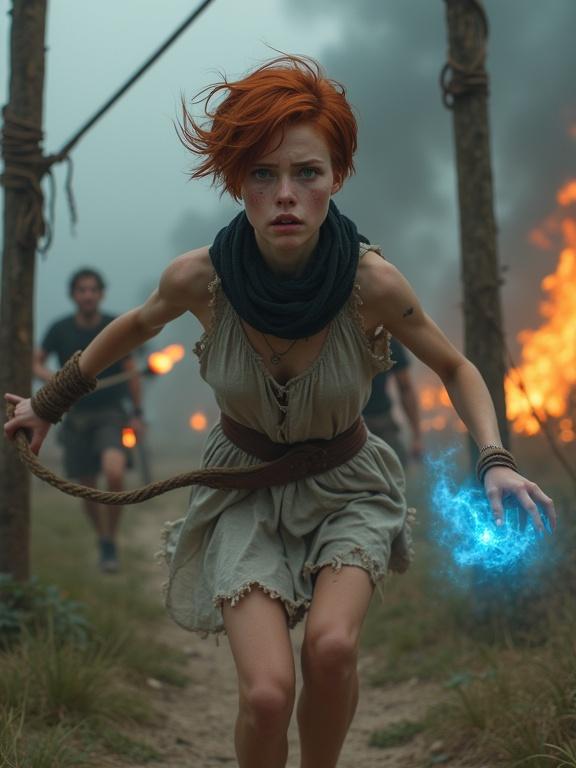Photorealistic image of a young woman with auburn hair. Expression shows fear. She wears a tattered dress. Hands display a magical blue flame. Background includes rioters with torches. The scene is dramatic and filled with flames. Depth of field adds focus to the woman. Full body shot highlights running motion. The environment shows chaos and tension.