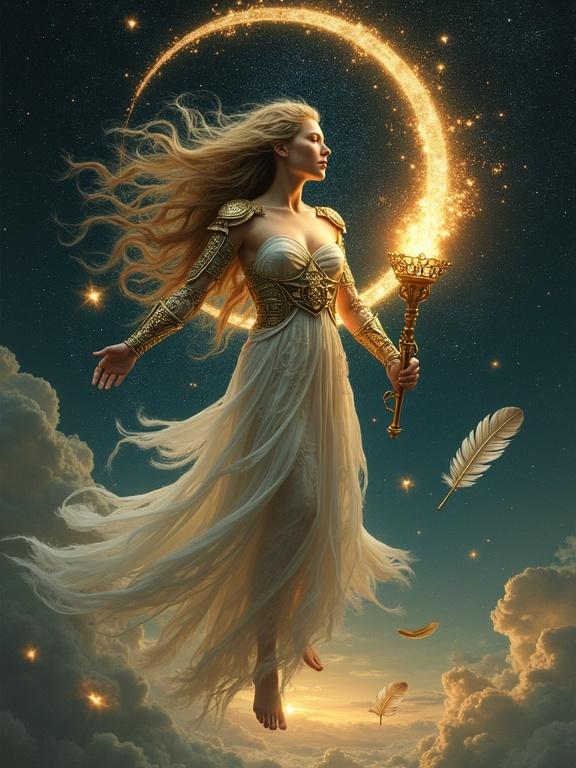 A goddess floats above ground. She radiates weightlessness. A halo of clock gears spins around her head. In one hand, she holds a star-shaped fire cradle. The other arm wears armor made from a Reaper’s scythe. Feathers drift around her, some turning into quills. A rune-inscribed feather floats behind her. She hovers in a twilight void with golden light and starlit black sky. Her expression is serene and unbound.