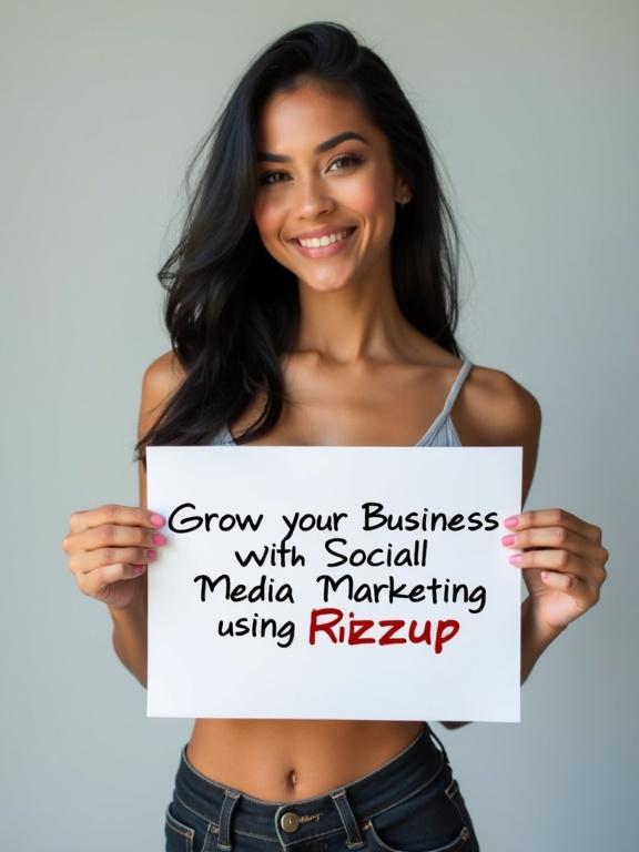 Young woman with a fit body holds a sign promoting social media marketing with Rizzup. She has black hair and looks friendly.