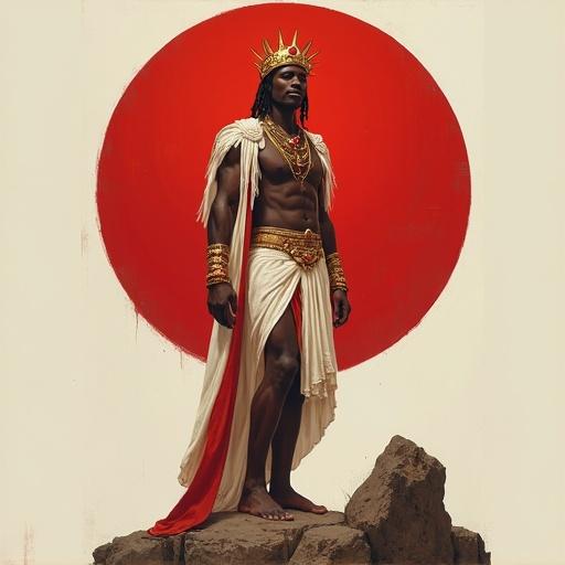 Full-body portrait of a majestic young male orisha with dark skin. Dressed in an elegant white and red tunic. Golden crown with hanging beads obscuring the face. Firm grip on a double-headed axe adorned with red stones. Body adorned with golden bracelets on arms and ankles. Barefoot with one foot on a rock. Minimalist background with a large red circle behind. Volcanic rocks at the base. Soft, clean background emphasizes the character. Semi-realistic oil painting style.