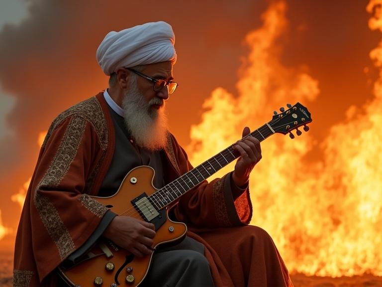 Ayatollah figure playing electric guitar against a backdrop of flames. The individual is wearing traditional attire and has a long beard. The atmosphere is one of artistic expression amid a dramatic setting.