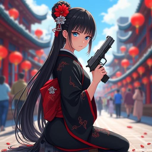A young woman with long black hair holds a handgun confidently. She wears a black kimono with red accents and floral patterns. The setting is a bustling street with red lanterns and traditional buildings. A lively crowd is in the background. The scene has cinematic lighting and vibrant colors.