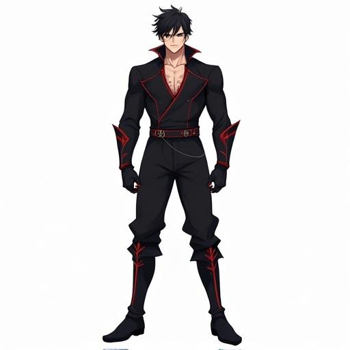 Full-body illustration of a male character standing confidently. Tall athletic build with broad shoulders and defined arms. Elegant dark clothing inspired by medieval fantasy. Black outfit with red details on the arms chest and legs. Handsome serious face with defined features. Tousled shoulder-length black hair. Sharp intense eyes conveying mystery and power. Upright self-assured pose in high-definition anime art style.