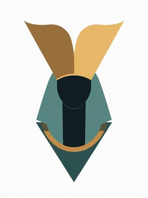 Modern minimalist poster design inspired by Ancient Egyptian art featuring sleek silhouette of Horus with abstract geometric lines. Color palette includes matte gold, deep turquoise, and black. Flat white background with contemporary style suitable for branding or print.