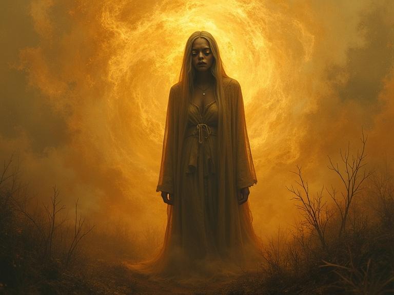 A stunning portrait features a figure standing in an eerie landscape. The figure looks disappointed and astonished. Warm amber and gold hues create an ethereal scene. Abstract patterns shift in the background. Bright and sharp details enhance the visual impact.