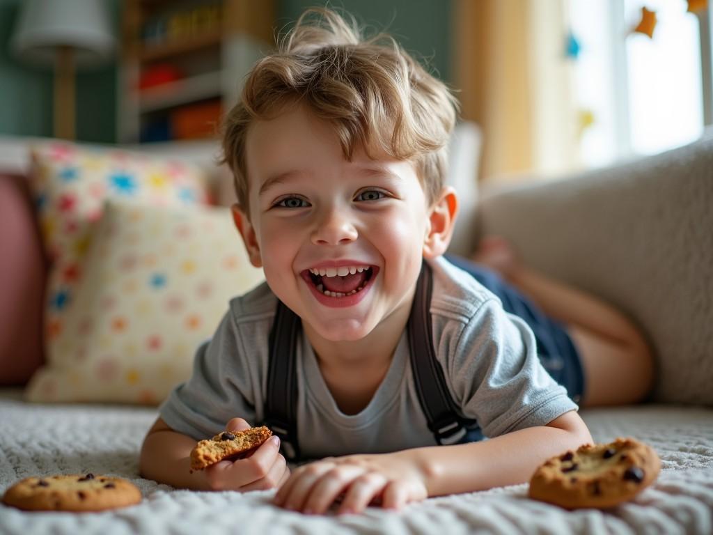 A young child with a beaming smile is lying on a quilted sofa, holding a chocolate chip cookie. The background is softly blurred with colorful cushions, highlighting the child's joyful expression. Warm and cozy lighting fills the scene, creating a comforting atmosphere perfect for capturing a carefree moment.