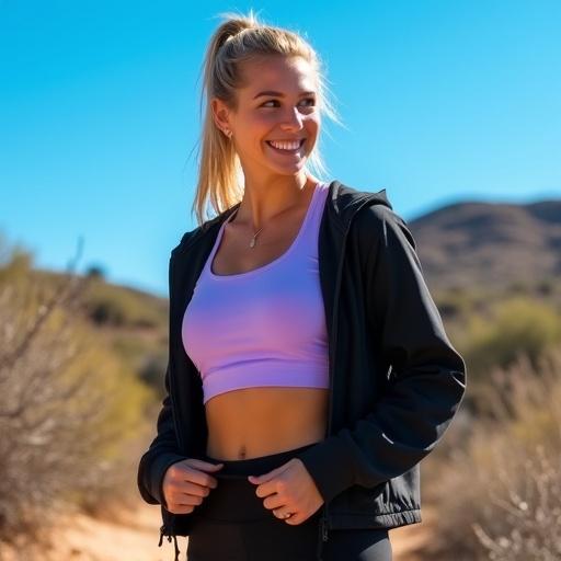 Confident young woman outdoors in a desert landscape. Surrounded by dry brush and cacti under a blue sky. Long blonde hair in a ponytail. Smiling and looking off-camera. Wearing a lavender athletic crop top and a black zip-up jacket. Pulling down black athletic leggings. Sunlight casting a warm glow. Active moment during a hike or workout.