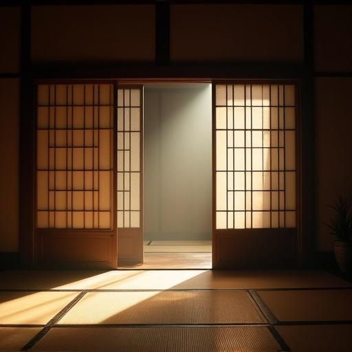 Traditional Japanese tatami room with open shoji doors. Low warm lighting creates a serene atmosphere. Patterned shadows cast on the floor. Dark wood textures enhance the ambiance. Incense smoke lingers in the air. Captures a sense of silent power and old wealth. Cinematic style with subdued luxury. Shot using digital photography on a high-quality camera. Features ambient rim light and soft shadows with a moody depth.