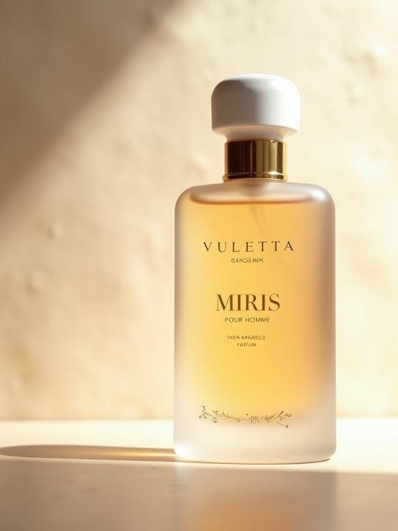 Create a photo-realistic image of a luxury perfume bottle. Use frosted gradient glass. Include a matte white cap and gold band. Engrave 'VULETTA' at the top and 'MIRIS' in large script. Below, engrave 'POUR HOMME' and 'PARFUM' in gold. Add embossed illustrations of wild sage and immortelle flowers. The liquid should glow golden amber. Use a textured beige background with diffused lighting.